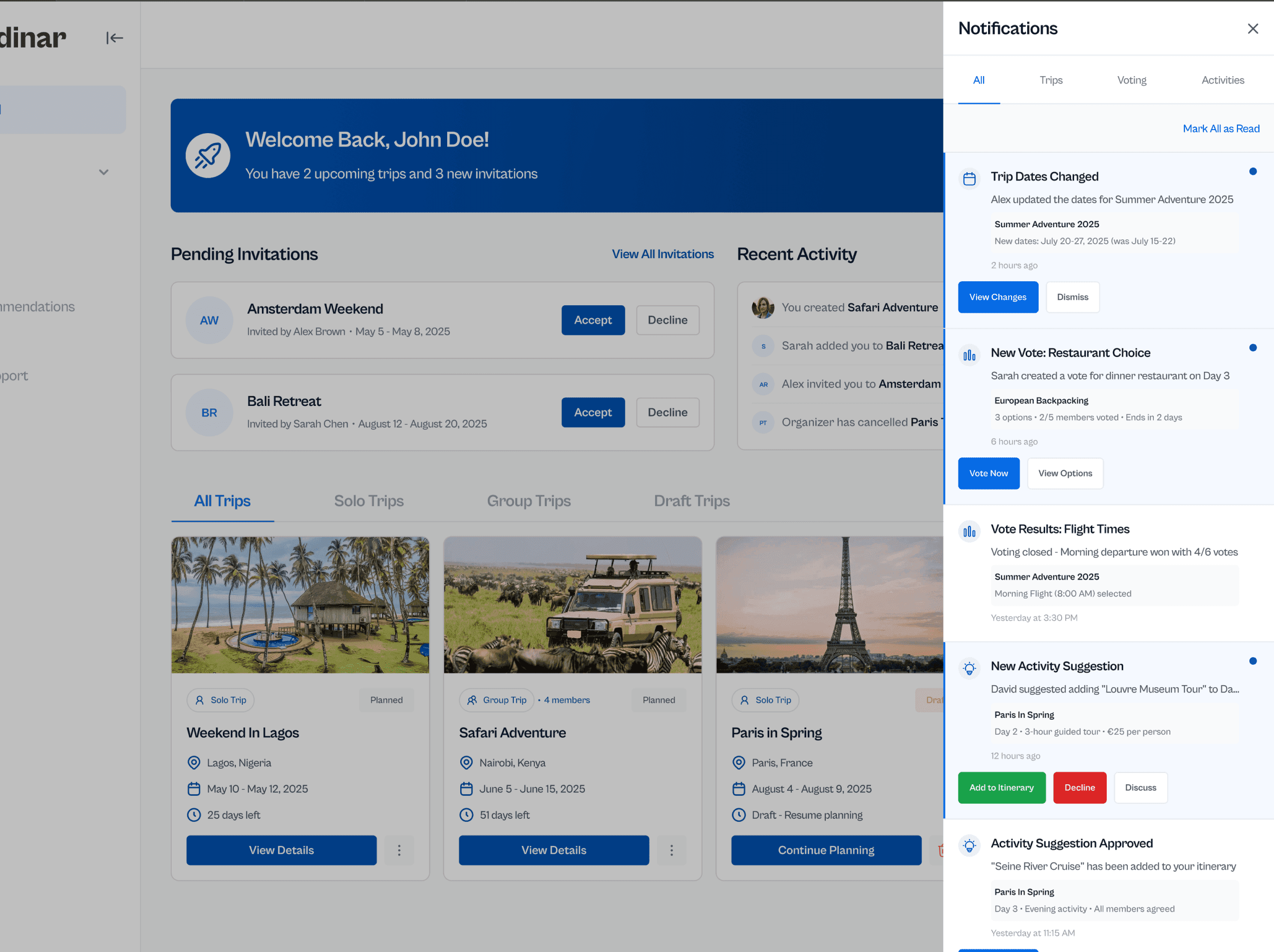 Koordinar notification feed with updates grouped by type: trip changes, voting results and activity suggestions, each with its own contextual action.