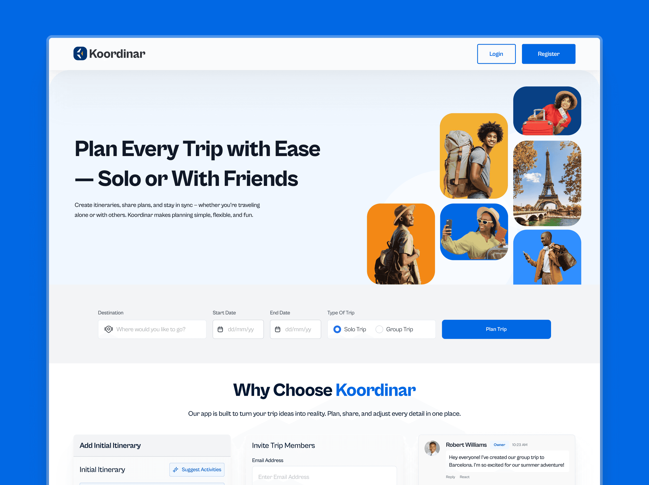 The Koordinar marketing landing page, with a working trip planner built into the hero section.