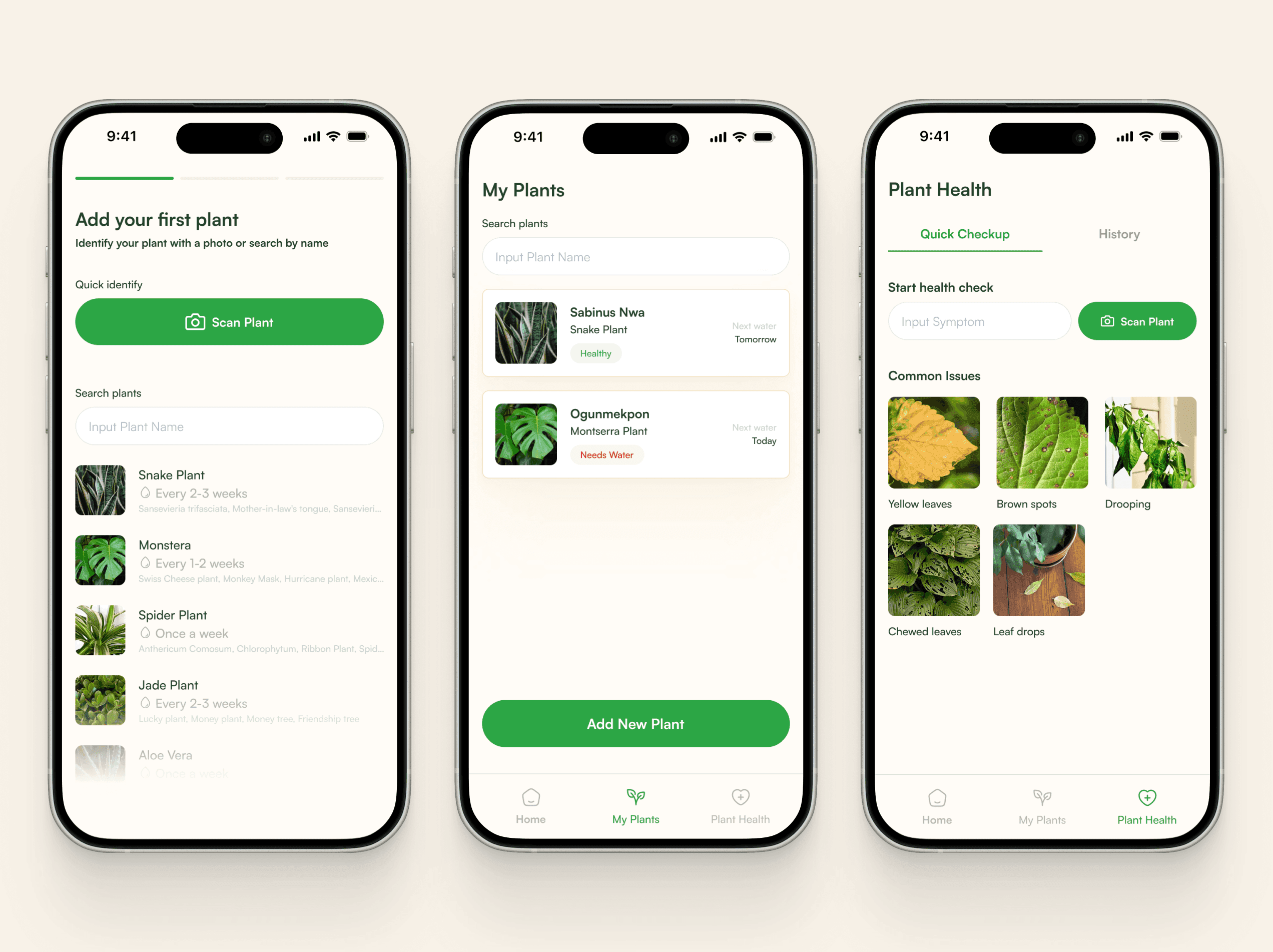 Three PlantBuddy screens: adding a first plant by scan or search, the My Plants list showing next watering dates, and the Plant Health checkup grid.