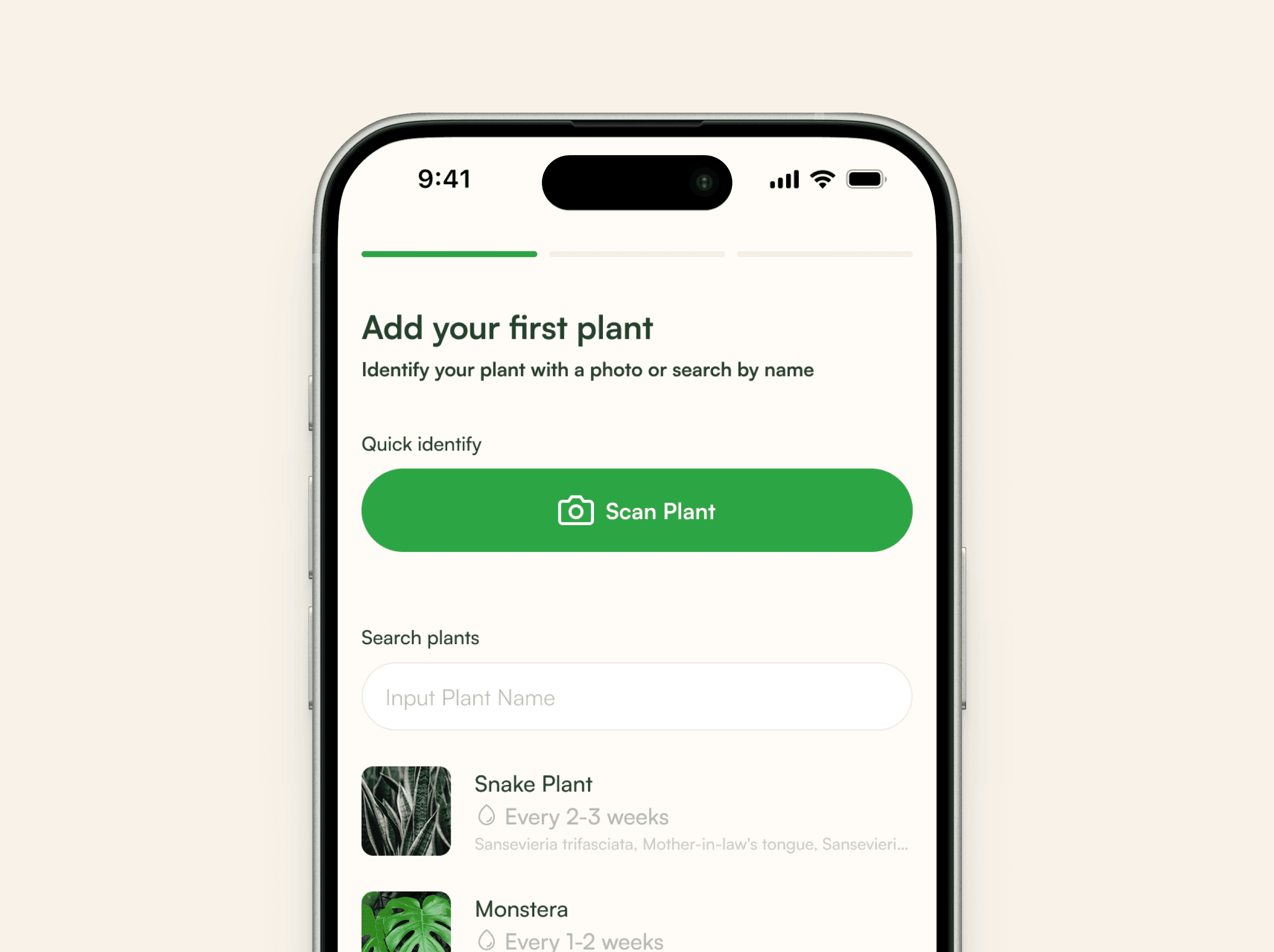 The add-plant screen, offering a Scan Plant button above a searchable list of species, each with its watering interval.
