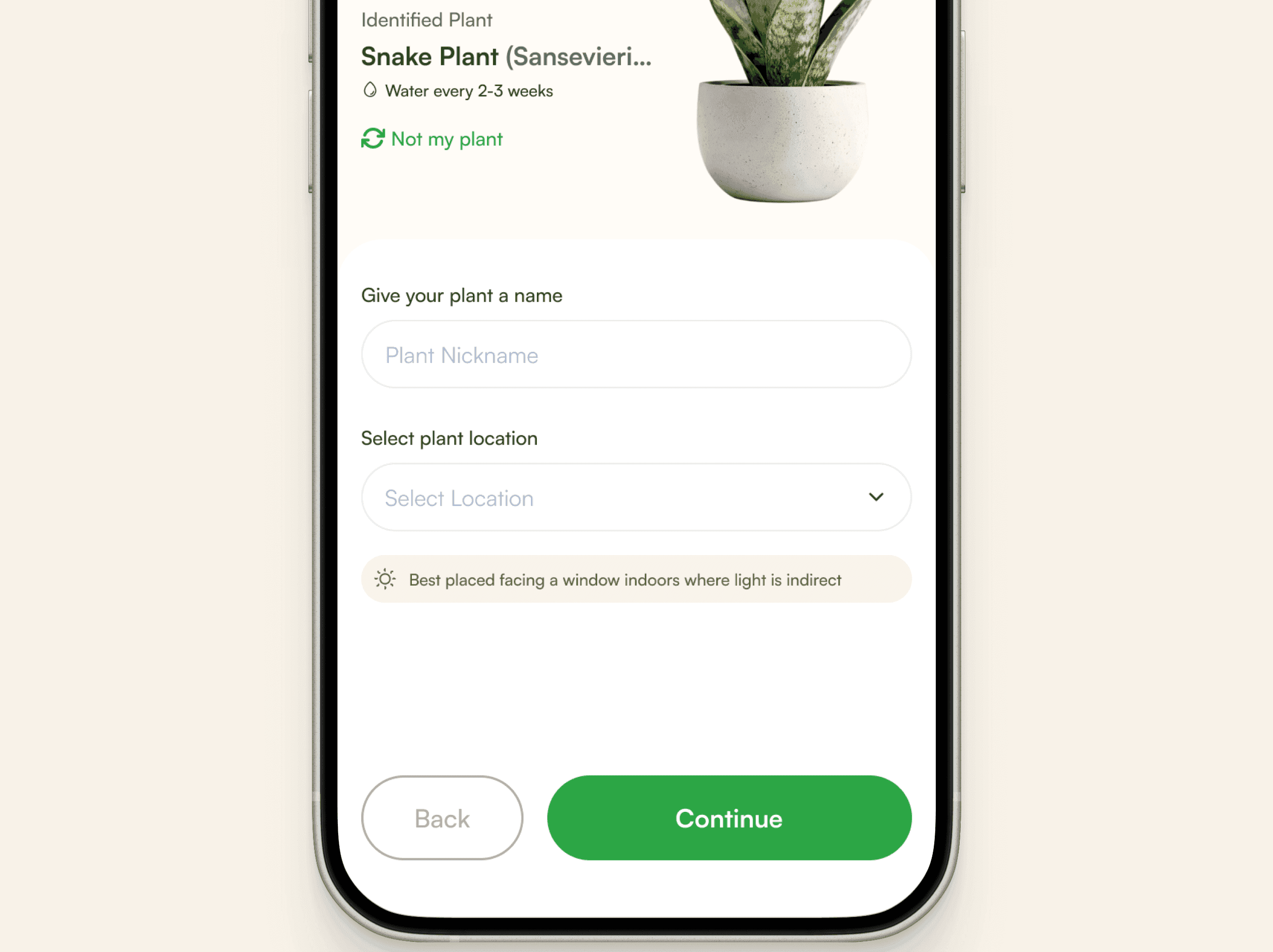 The identification result: Snake Plant with a watering interval, a “Not my plant” correction link, and fields for a nickname and location with a light-placement hint.