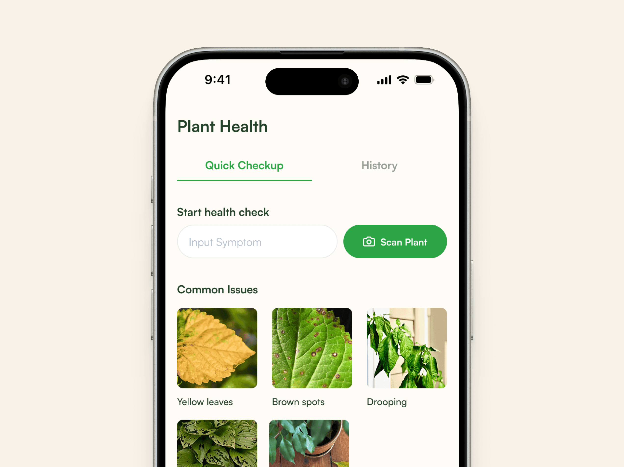The Plant Health checkup, with a symptom field, a scan option, and a grid of common issues shown as photographs: yellow leaves, brown spots, drooping.