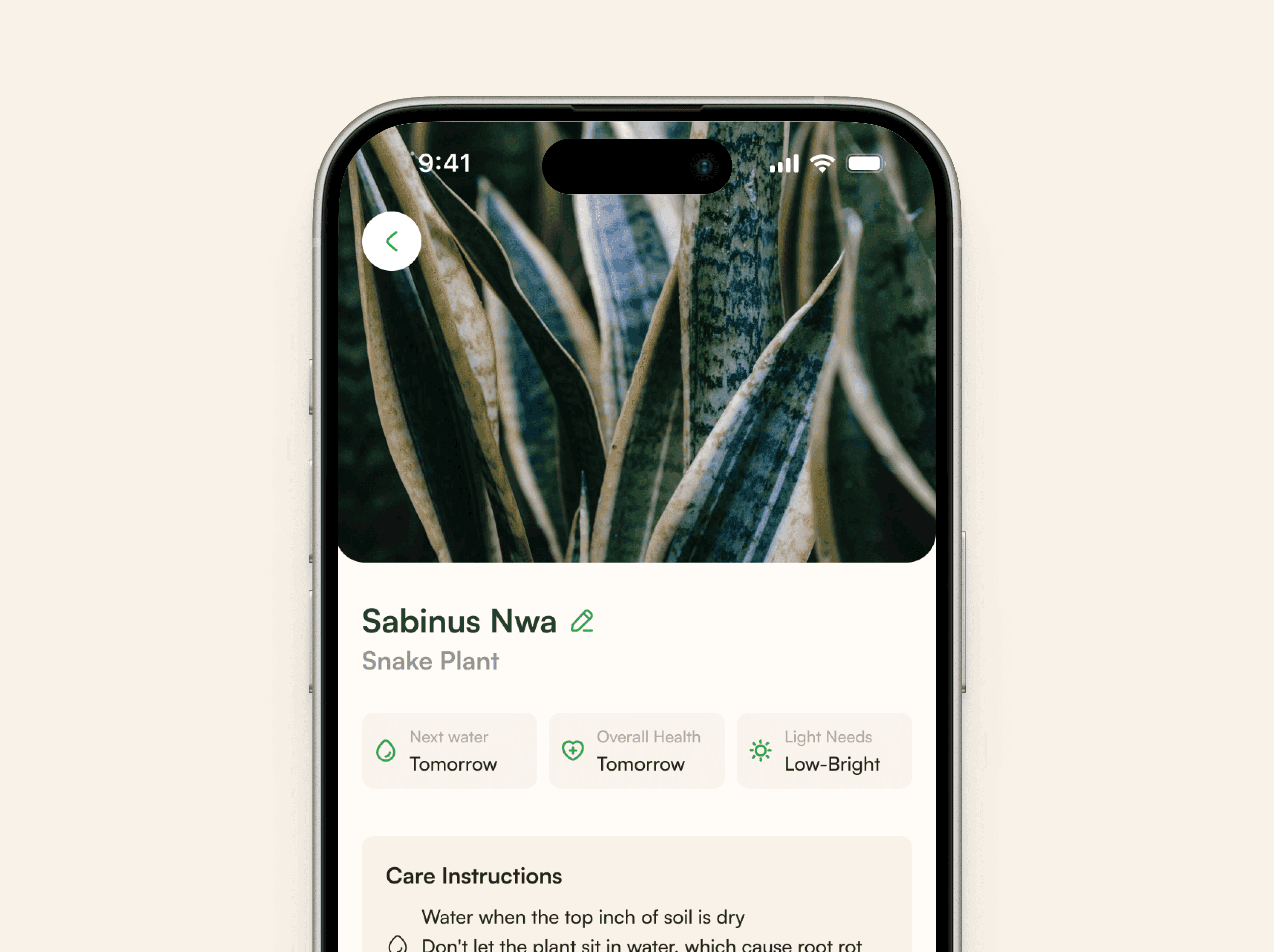 A plant detail view for a Snake Plant nicknamed “Sabinus Nwa”, with next watering, overall health and light needs as three chips above written care instructions.