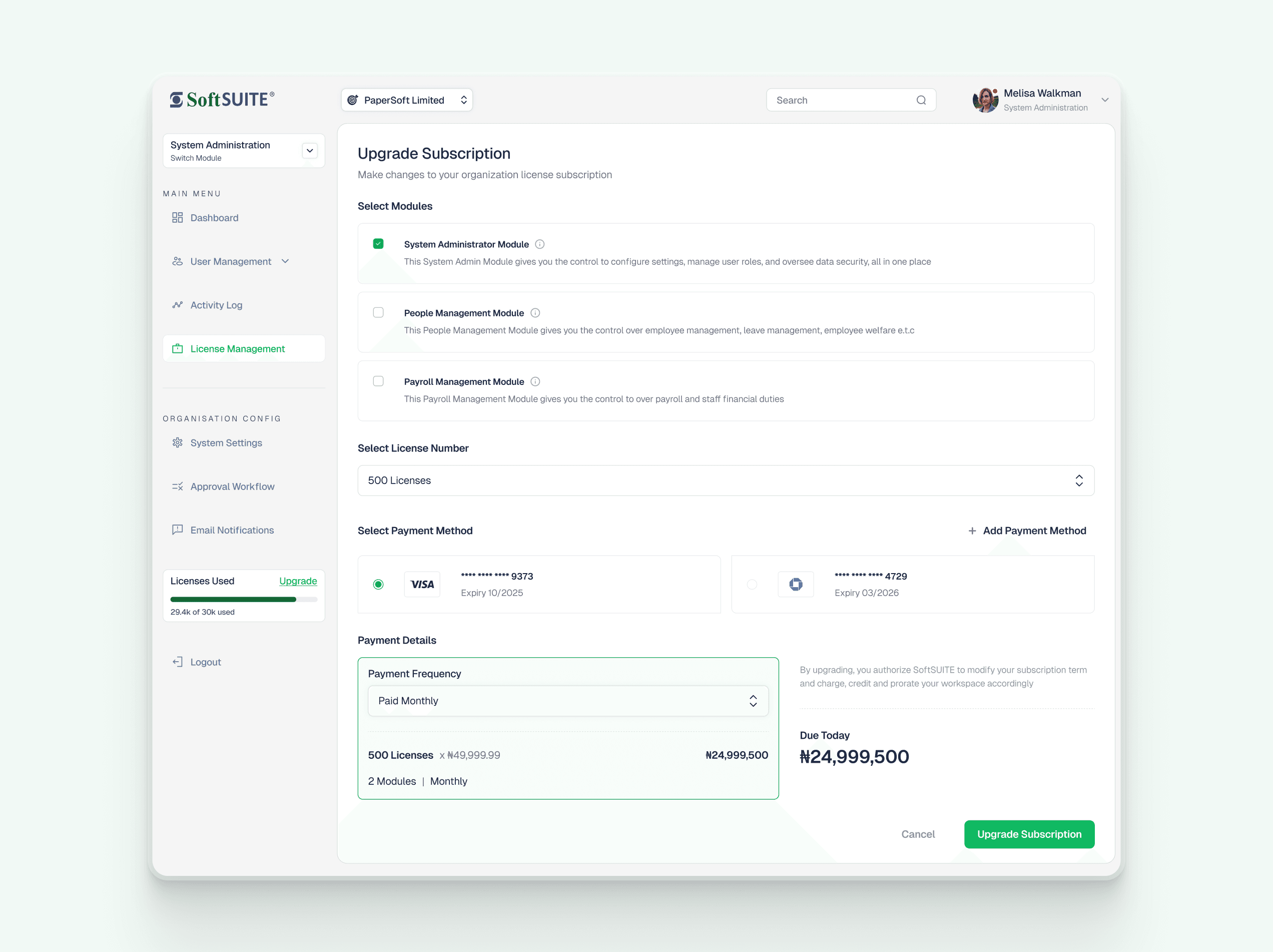 The rebuilt Upgrade Subscription screen: selectable modules with checkboxes, a license count, payment frequency, and a running total due.