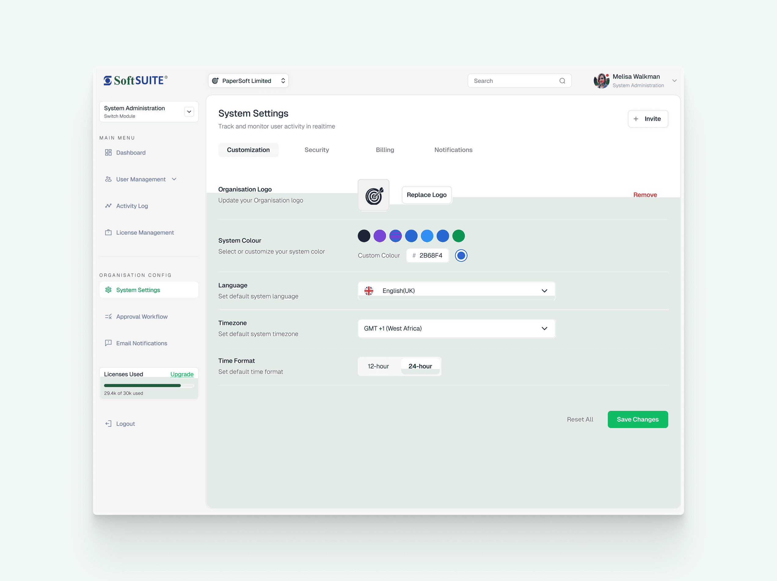 The rebuilt System Settings screen with Customization, Security, Billing and Notifications tabs, showing the current logo in place alongside colour, language, timezone and time format.