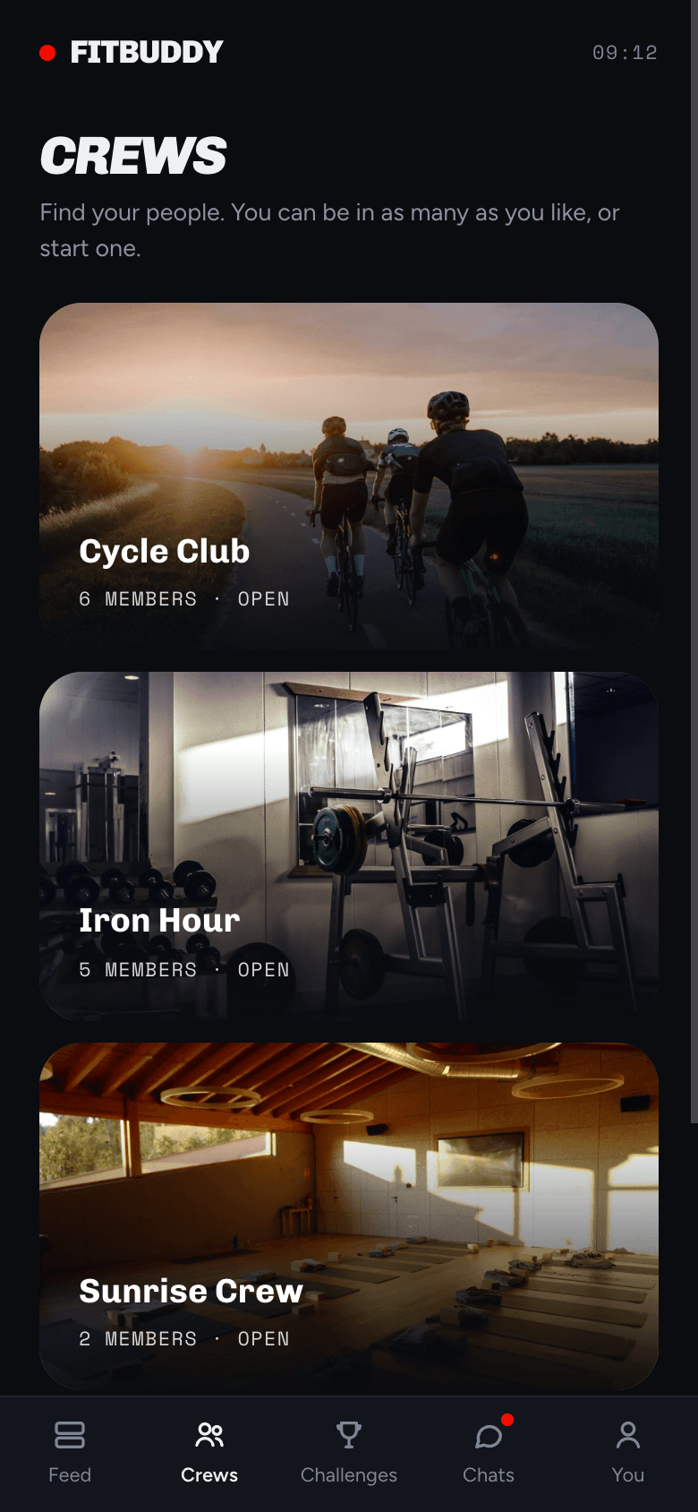 The FitBuddy crews screen: Cycle Club, Iron Hour and Sunrise Crew listed with member counts, each behind a photograph of where that crew trains.