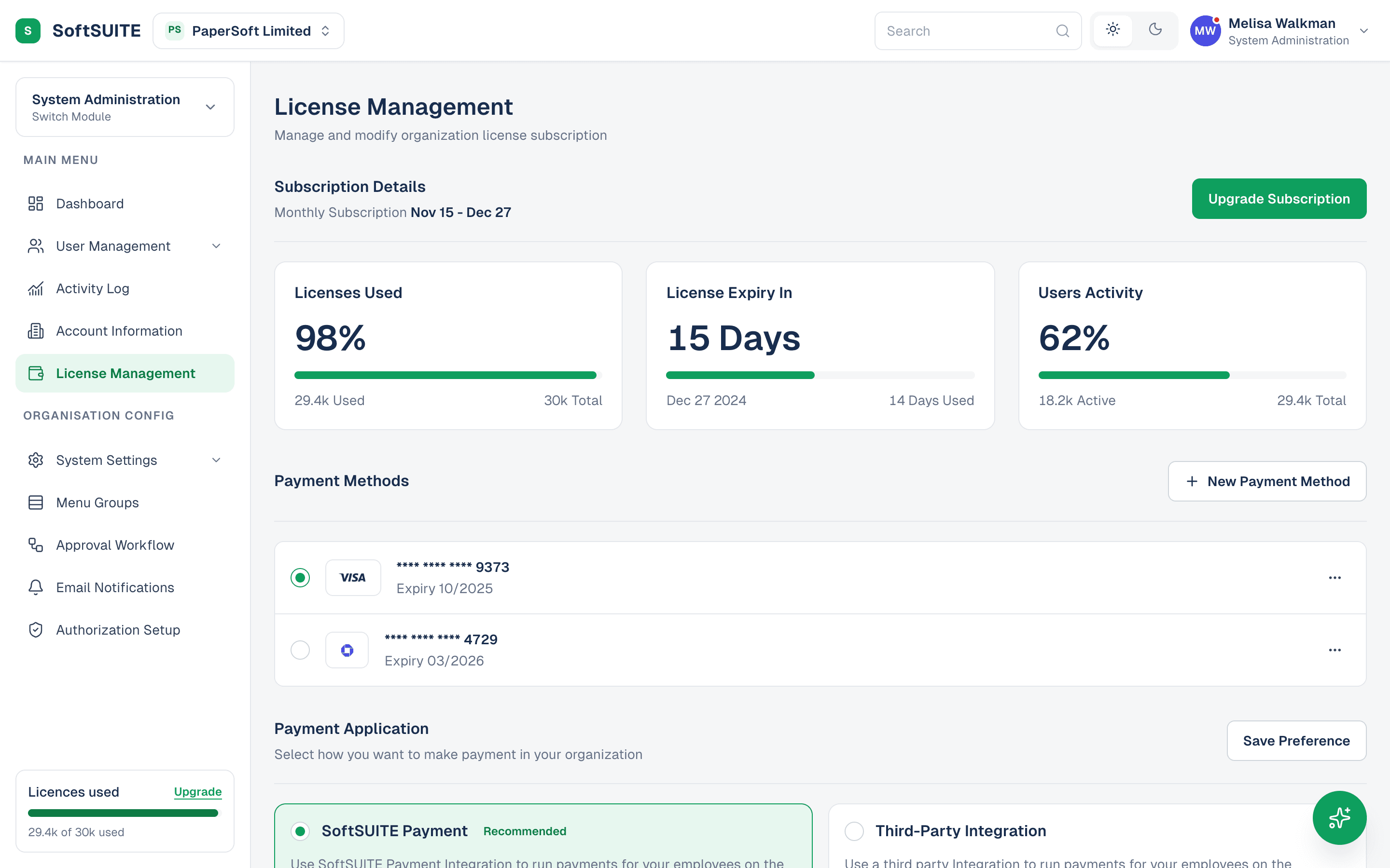 The live License Management screen: stat cards for licenses used, expiry and user activity, payment methods with card radio rows, and a payment application choice, matching the 2024 redesign mockup.